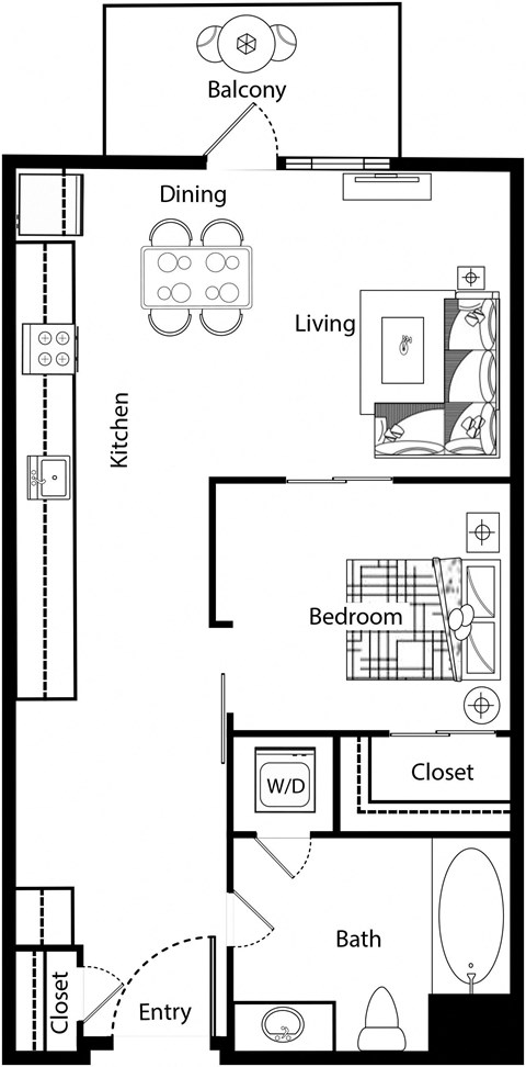 Floor plan for 1 bed, 1 bath, 571 sqft